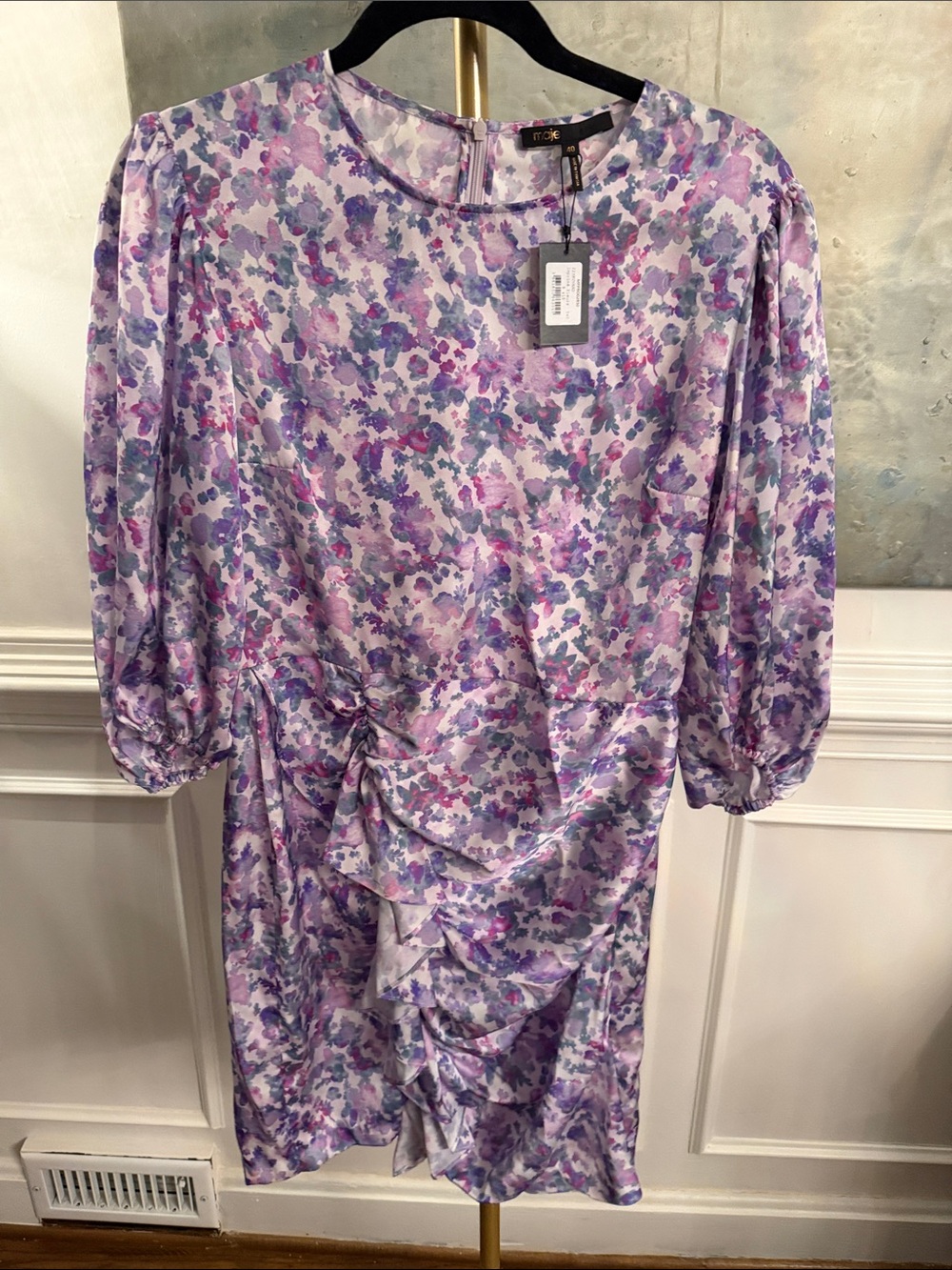 Maje Lilac Floral Puff Sleeve Dress